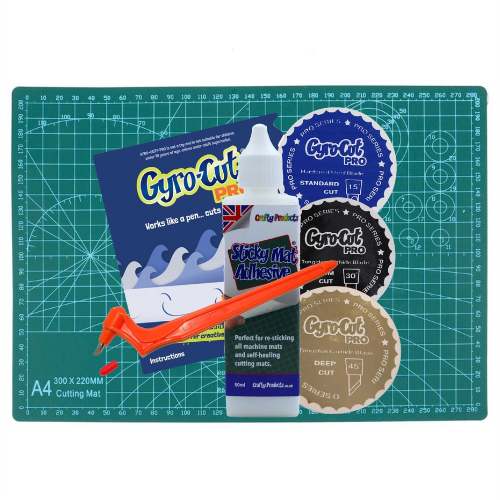 Gyro-Cut® PRO MEGA BUNDLE SET Including All 3 Blades, Sticky Mat Adhesive glue and A4 cutting Mat - Standard, Medium and Deep Cut Blades